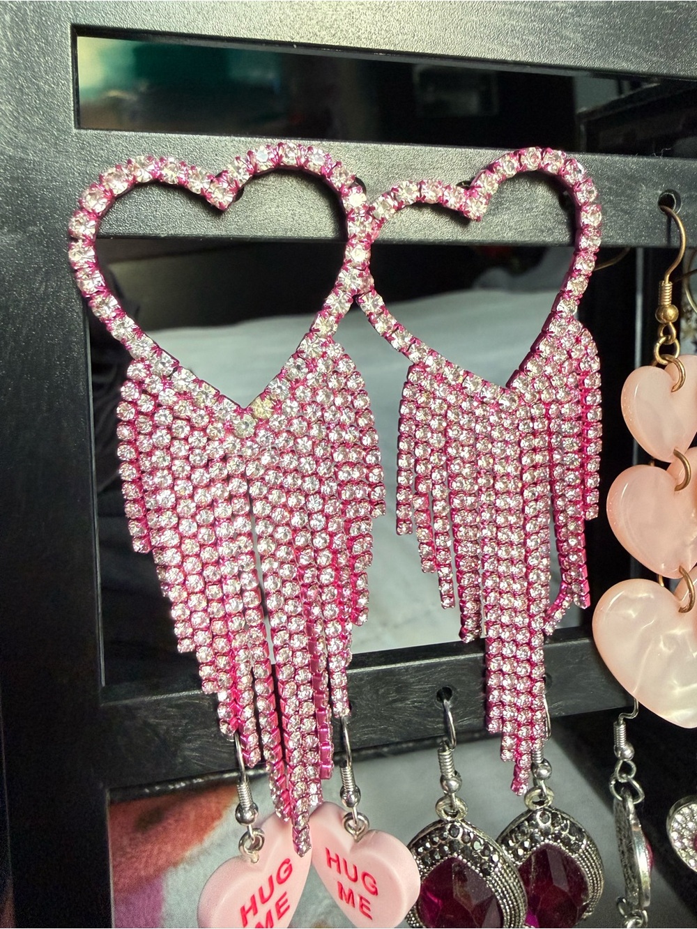 Pink Rhinestone Heart Fringe Statement Earrings
